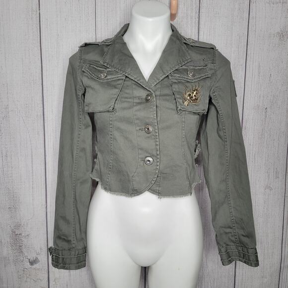 Haute Monde Raw Hem Dragon Embroidered Green Fringe Denim Jacket Womens Small - Picture 1 of 10